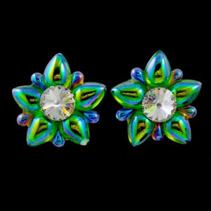 Vintage Flower AB Oil Slick Rivioli Rhinestone Clip On Earrings